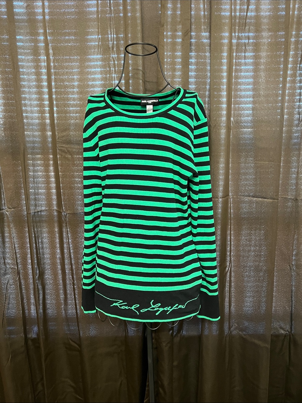 Karl Lagerfeld Black & Neon Green Striped Knit Top